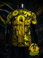 Maillot Brésil jaune et noir, vue de dos avec Christ Rédempteur doré – design Rio de Janeiro