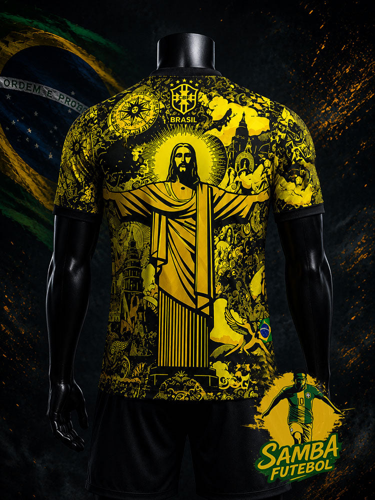 Maillot Brésil jaune et noir, vue de dos avec Christ Rédempteur doré – design Rio de Janeiro