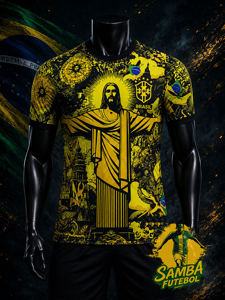 Maillot de foot Brésil jaune et noir, Christ Rédempteur de Rio, vue de face avec écusson CBF