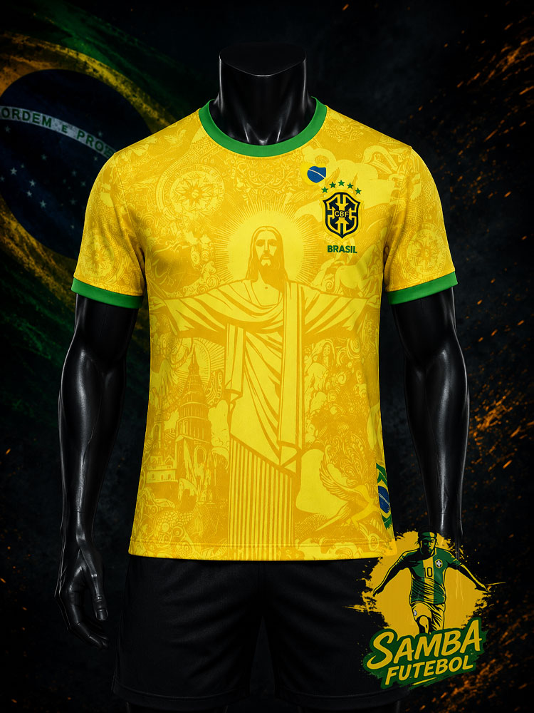 Maillot de foot Brésil jaune, Christ Rédempteur ton sur ton, vue de face avec écusson CBF